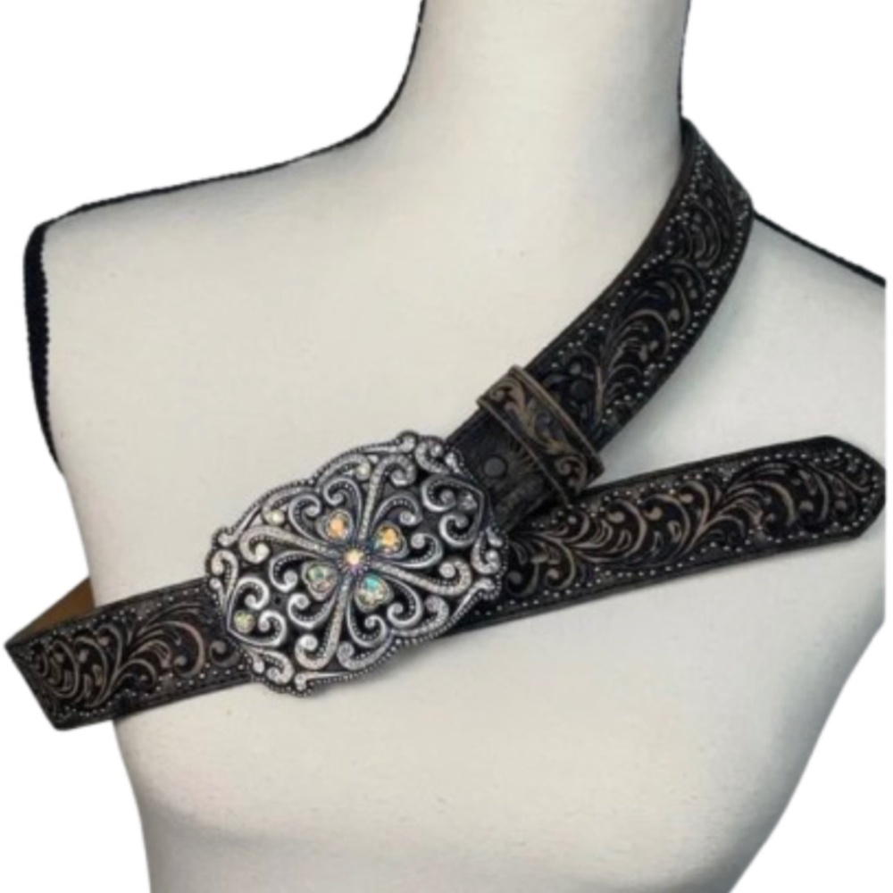Crystal AB aurora borealis leather tooled western Black Embellished Belt - Picture 3 of 17